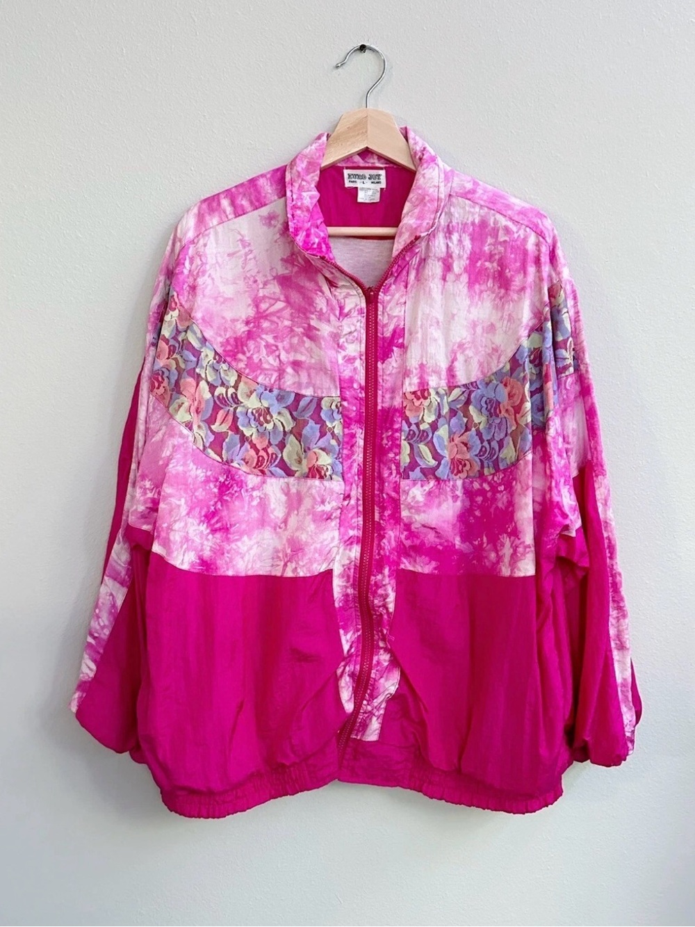 Euro Joy Vintage Pink Tie-Dye Set Bomber Jacket with Floral Lace Paneling